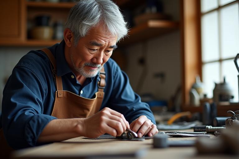 熱心に金属加工を行うチーフ職人