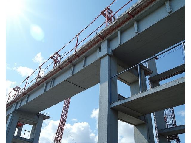 建設中のモダンな建築物における堅牢な鉄骨構造。正確な接合部と高い強度を示す。