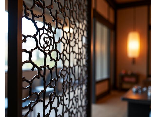 複雑な模様が施された鍛造アイアン製の装飾的な仕切りスクリーン。和モダンな空間に合う美しいデザイン。