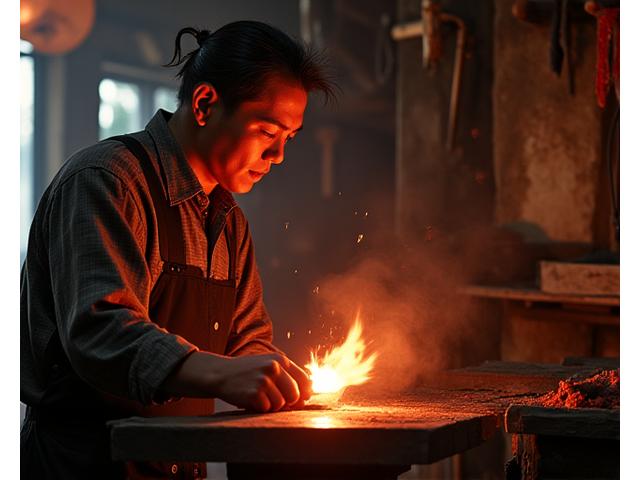 熱い鉄をハンマーで叩く参加者と、指導する熟練の鍛冶職人。ワークショップの活気ある雰囲気。