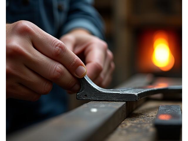 熟練の鍛冶職人が手作業で鉄を加工している様子、ディテールが際立つ